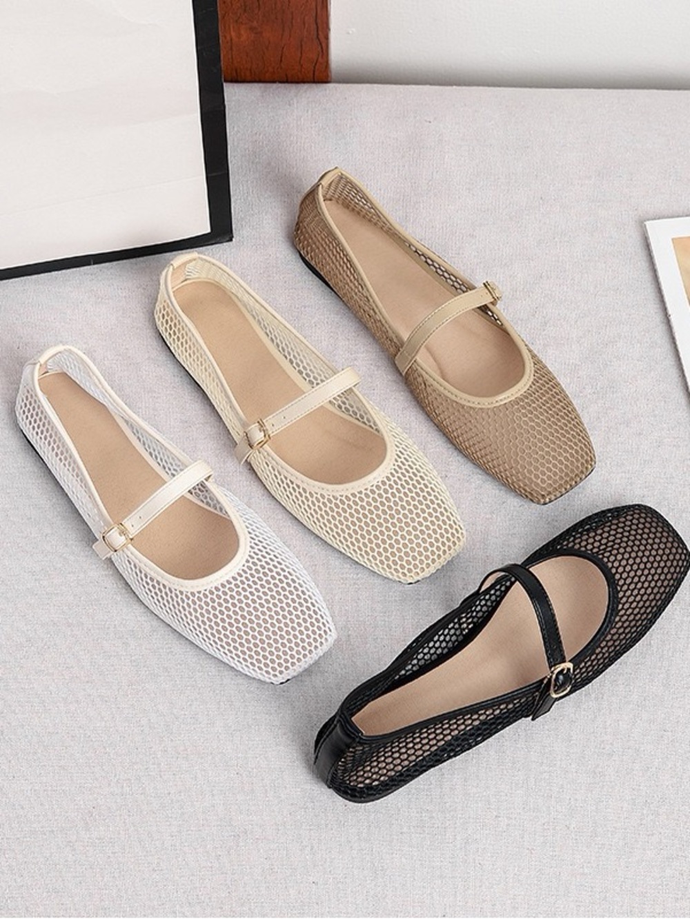 Neutral Beige Mary Jane Mesh Flats with Adjustable Strap - Picture 6 of 7